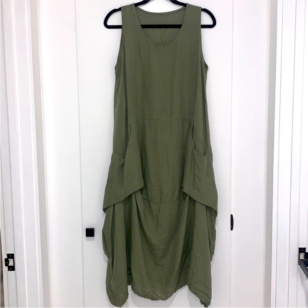 Army Green M/L One Size Flowy Boho Chic Linen Dress